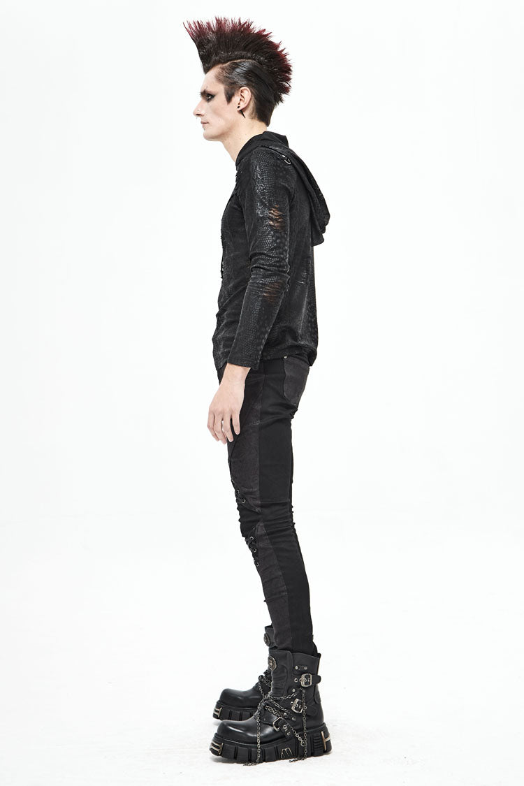 Black Broken Holes Knit Shoulder Lace-Up Irregular Hem Hooded Men's Punk T-Shirt - Product - 5
