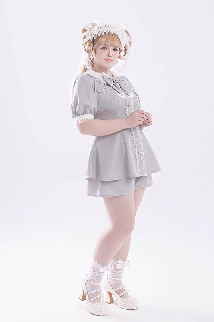 Grey Short Sleeves Ruffle Bowknot Fake Two Pieces Jirai Kei Japanese Dress Shorts - Product - 11