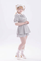 Grey Short Sleeves Ruffle Bowknot Fake Two Pieces Jirai Kei Japanese Dress Shorts - Product - 11