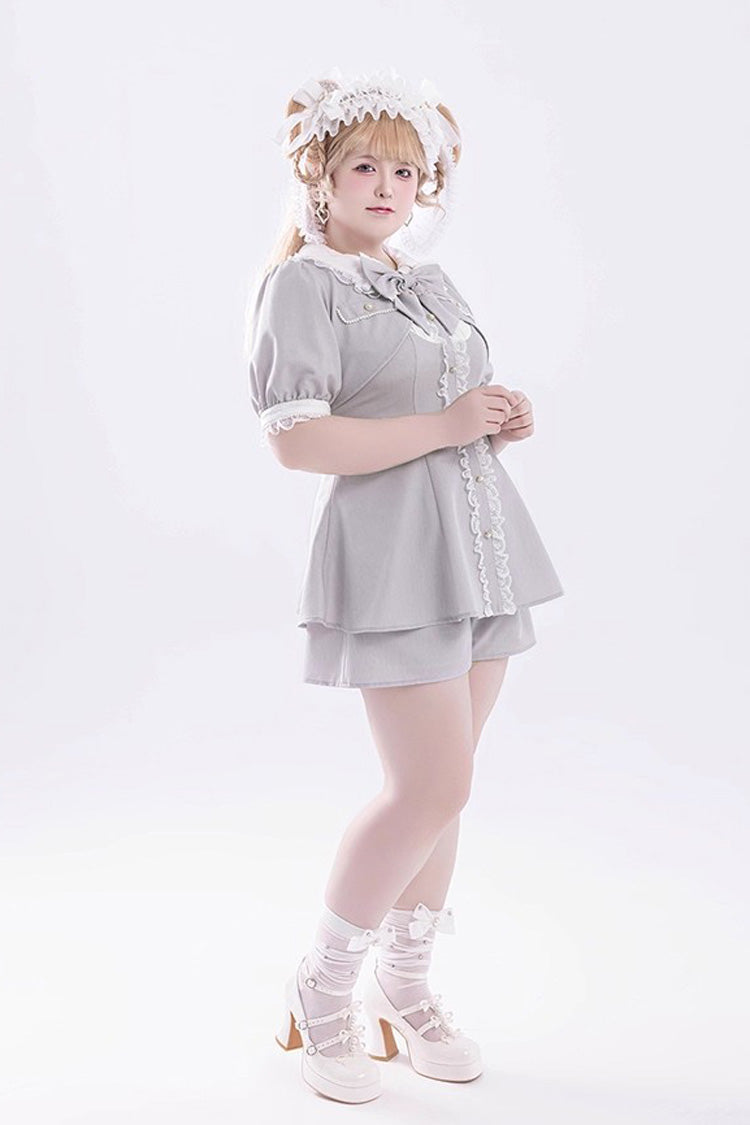 Grey Short Sleeves Ruffle Bowknot Fake Two Pieces Jirai Kei Japanese Dress Shorts - Product - 11