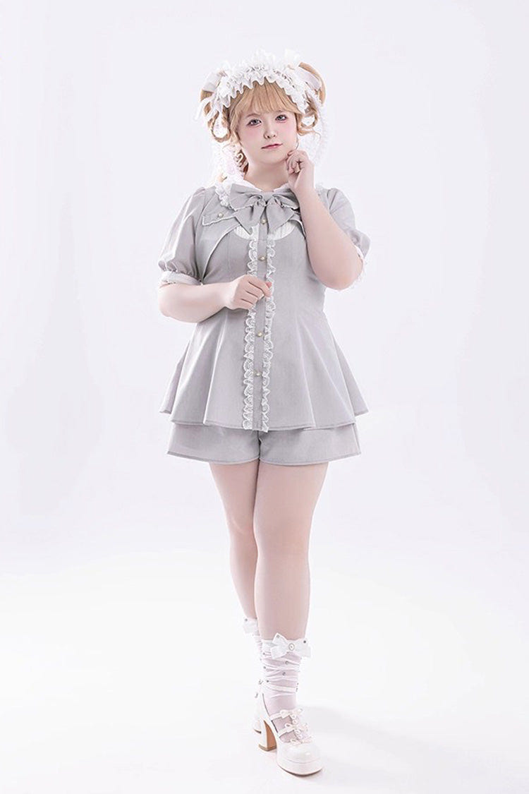 Grey Short Sleeves Ruffle Bowknot Fake Two Pieces Jirai Kei Japanese Dress Shorts - Product - 10