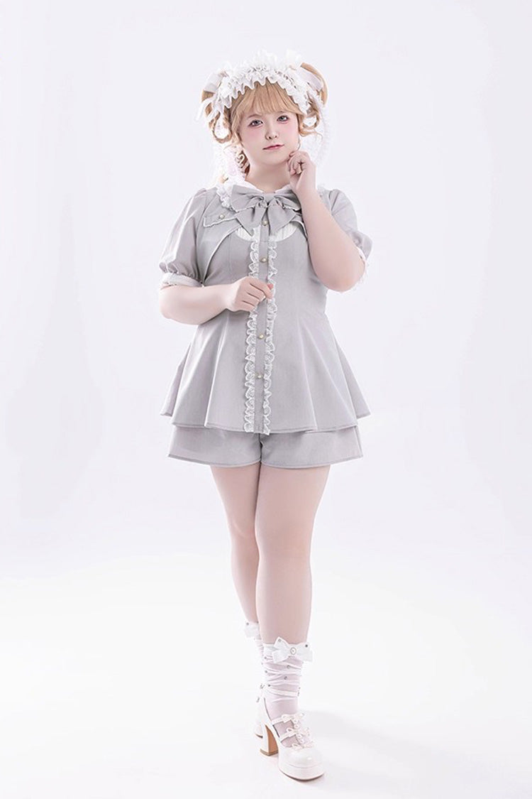 Grey Short Sleeves Ruffle Bowknot Fake Two Pieces Jirai Kei Japanese Dress Shorts - Product - 10