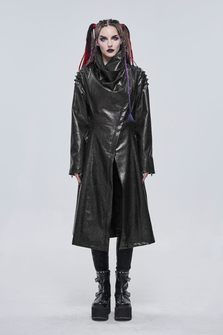 Black/Gray Large Neckline Design Long Leather Shoulder String Decoration Women's Punk Jacket - Product - 2