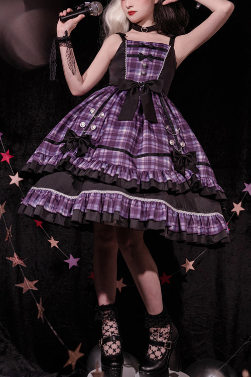 Purple Plaid Print Multi-Layer Ruffled Sweet Lolita JSK Dress - Purple - 1