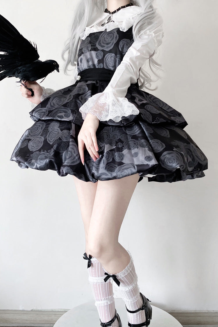 Black Rose Print Two-layer Bowknot Gothic Lolita Jsk Dress - Product - 2