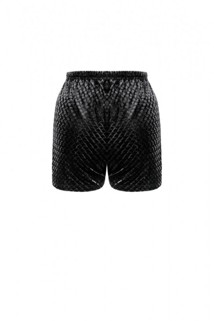 Black Women's Gothic Floral Embossed Velvet Shorts with Sheer Lace Trim - Product - 15