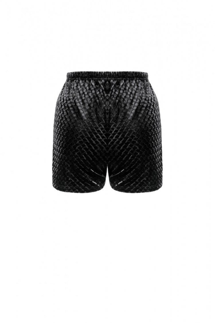 Black Women's Gothic Floral Embossed Velvet Shorts with Sheer Lace Trim - Product - 15