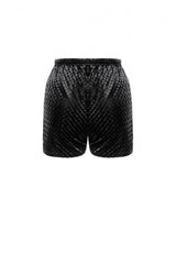 Black Women's Gothic Floral Embossed Velvet Shorts with Sheer Lace Trim - Product - 15