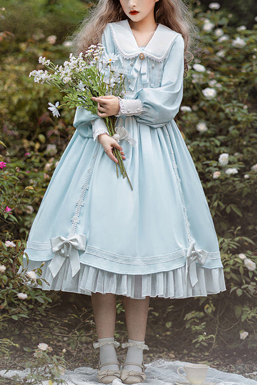 Doll Collar Lantern Sleeves High Waist Sweet Lolita OP Dress - Blue - 1