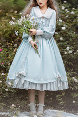 Doll Collar Lantern Sleeves High Waist Sweet Lolita OP Dress - Blue - 1