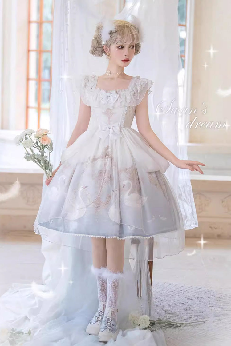 White/Blue [Flower and Letter] Swan Lake Print Ruffle Bowknot Elegant Lolita Jsk Dress - Product - 4