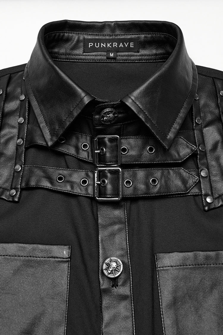 Black Lapel Collar Long Sleeves Faux Leather Stitching Buckle Men's Punk Blouse - Product - 5
