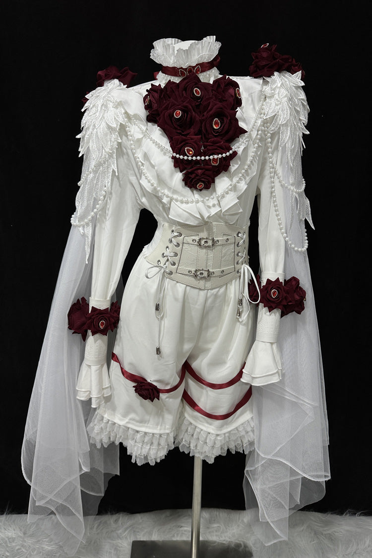 White [Ailing Stars] Stand Collar Long Sleeves Ruffled Pearl Detail Classic Ouji Lolita Set - White - 1