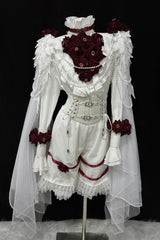 White [Ailing Stars] Stand Collar Long Sleeves Ruffled Pearl Detail Classic Ouji Lolita Set - White - 1