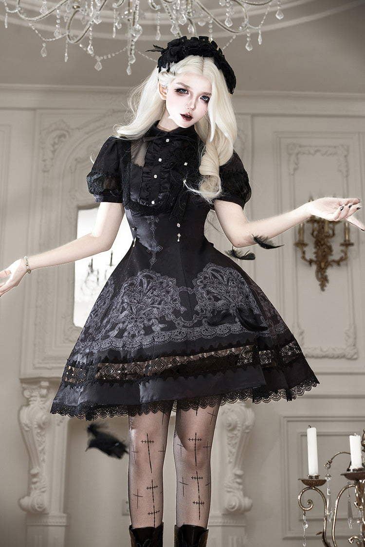 Black Lapel Collar Short Sleeves Ruffled Embroidered Lace Classic Gothic Elegant Lolita Dress - Product - 3