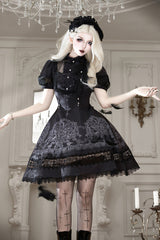 Black Lapel Collar Short Sleeves Ruffled Embroidered Lace Classic Gothic Elegant Lolita Dress - Product - 3