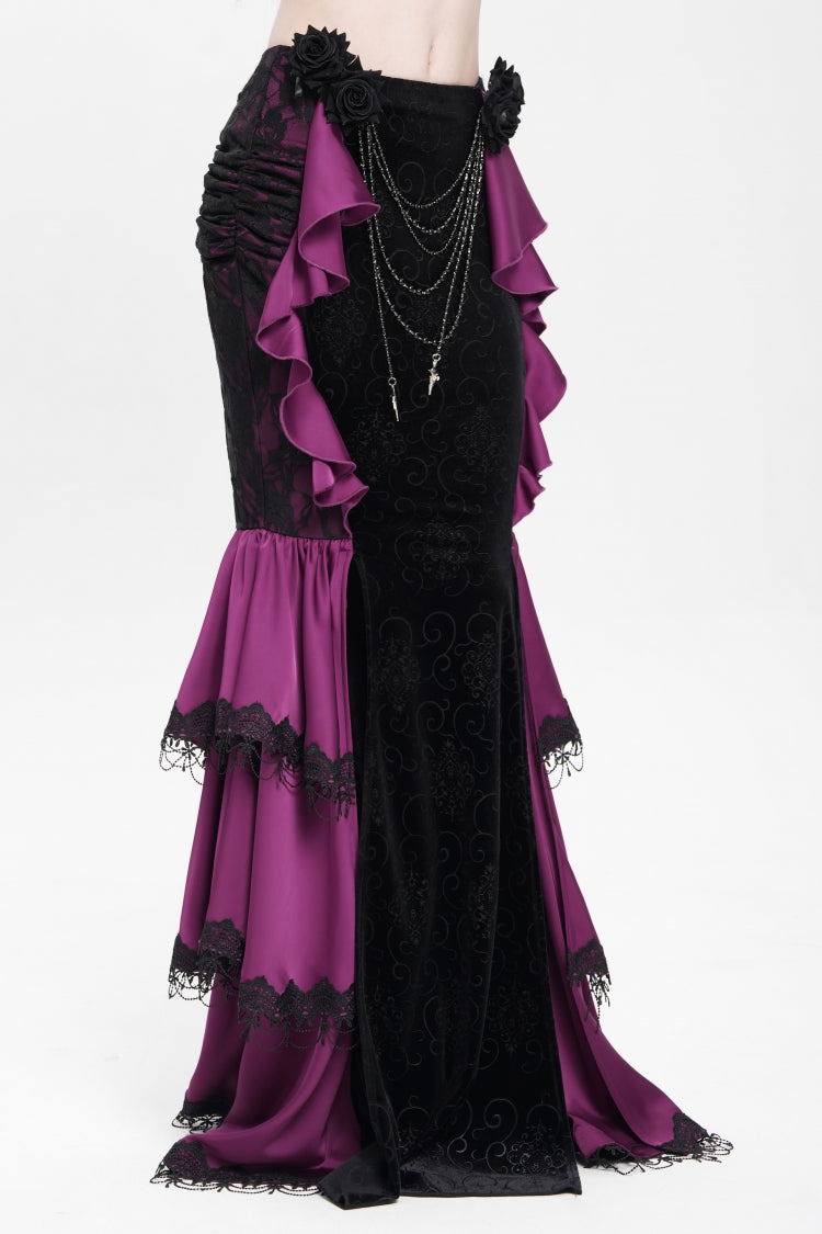 Purple Floral Print Lace-Up Rose Chain Women's Gothic Fishtail Skirt - Product - 2