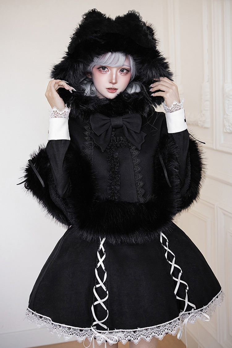 Black/White [Rose Doll] Square Collar Long Sleeves Bowknot Lace-Up Gothic Lolita Dress Set 2 Versions - Product - 19