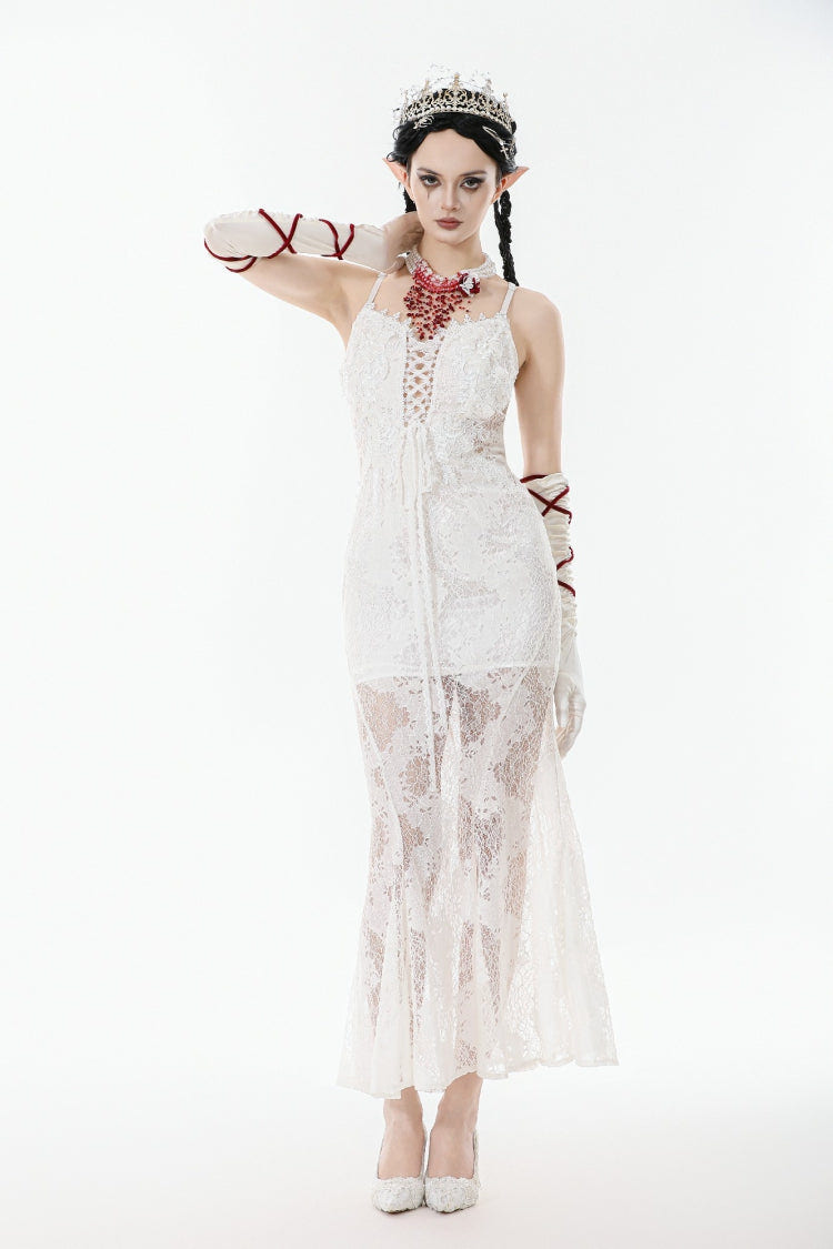 White Sleeveless Lace Lace-Up Women's Gothic Slip Dress Mermaid Wedding Dress - Product - 6