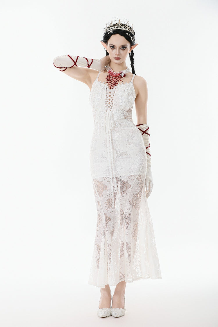 White Sleeveless Lace Lace-Up Women's Gothic Slip Dress Mermaid Wedding Dress - Product - 6