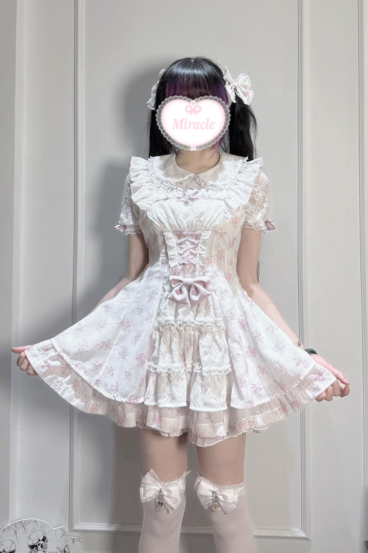 [Rose Letter] Peter Pan Collar Short Sleeves Double-Layered Printed Ruffled Open-Front Lace-Up Sweet Jirai Kei Dress Set 2 Colors - Product - 5