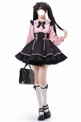 Black/Pink First Sakura Long Sleeves Multi-layer Lace-Up Sweet Jirai Kei Japanese Set - Black/Pink - 1