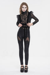Black Floral Embroidered Mesh Splice Women's Gothic Leggings - Product - 7