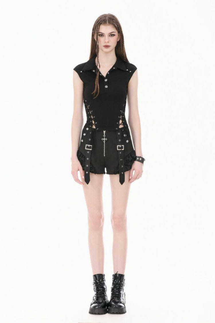 Black Women's Punk Turn-down Collar Lace-Up Studded Sleeveless Polo Top - Product - 9