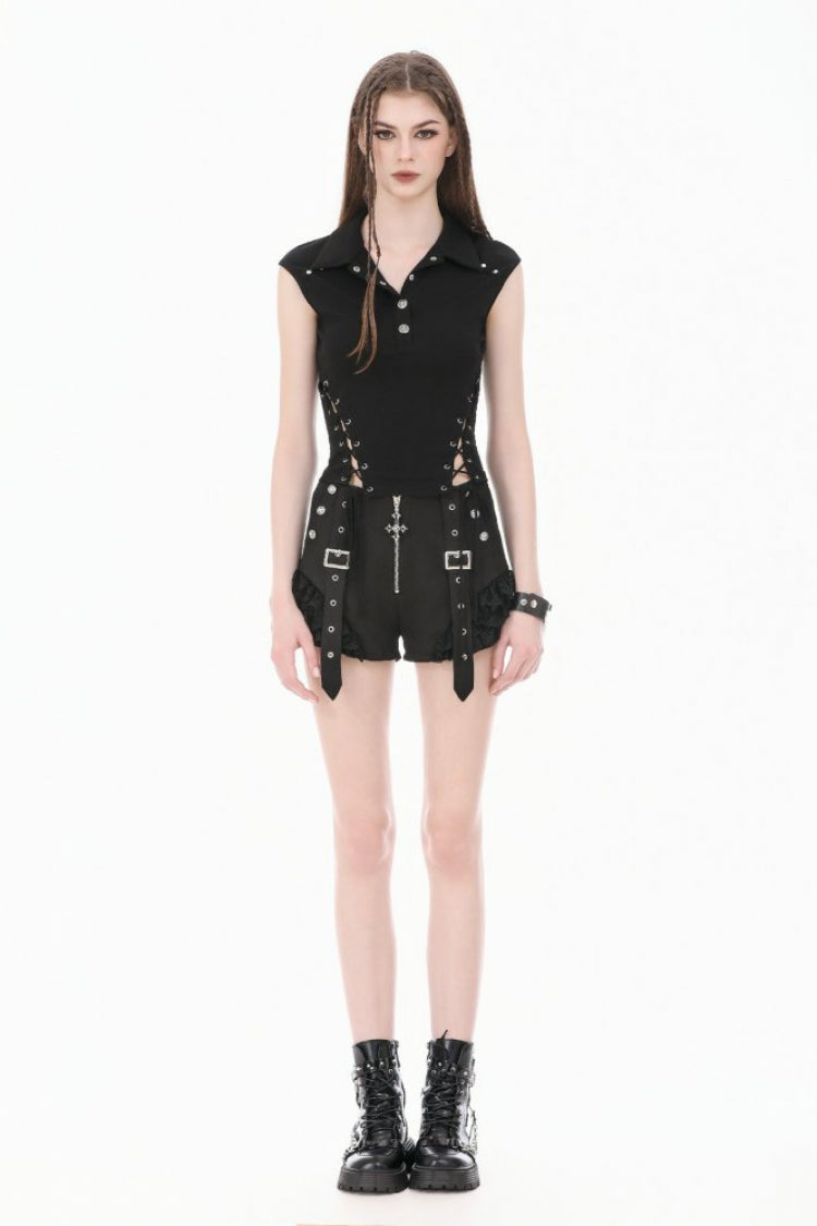 Black Women's Punk Turn-down Collar Lace-Up Studded Sleeveless Polo Top - Product - 9