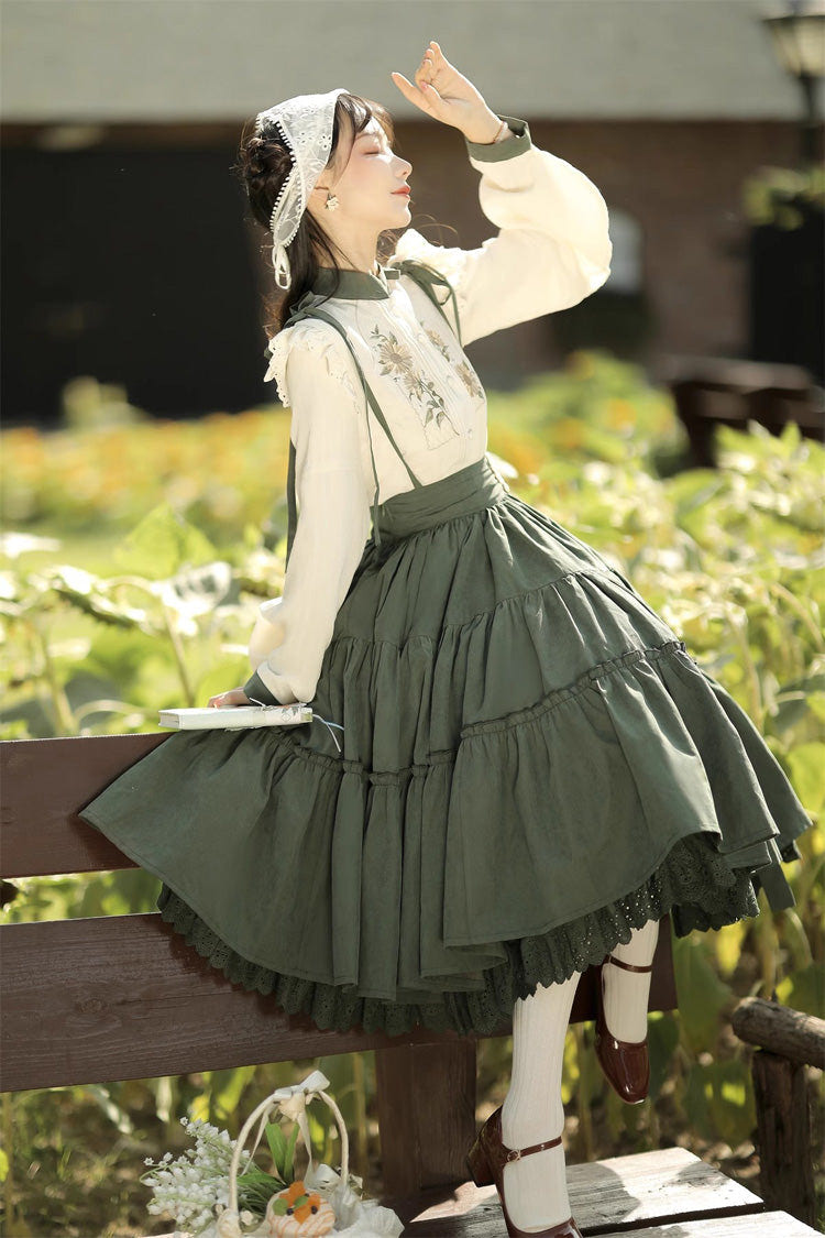 White/Green Country Style Midsummer Sunflower Sweet Lolita Skirt Two-Piece Set - Product - 8