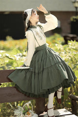 White/Green Country Style Midsummer Sunflower Sweet Lolita Skirt Two-Piece Set - Product - 8