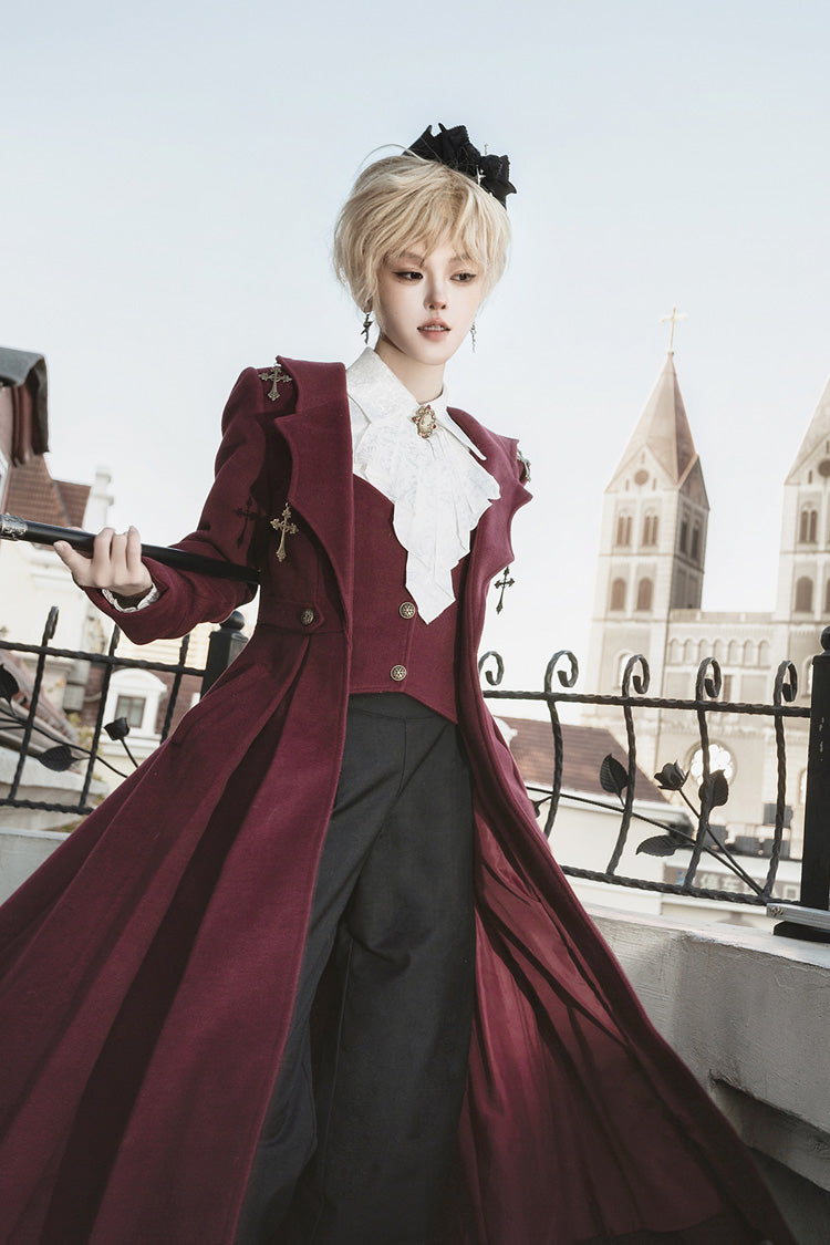 Red [The Legend of Dracula] Bat Collar Long Sleeves Prince Handsome Ouji Lolita Coat - Product - 7
