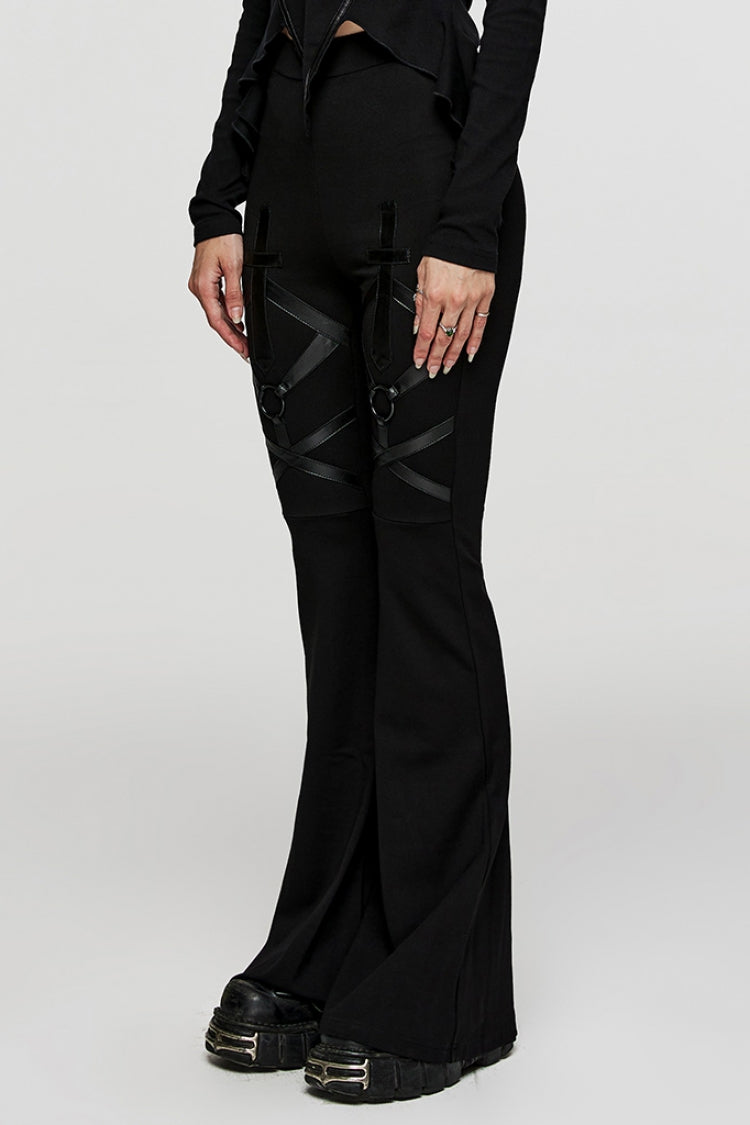 Black Cross Stitching Metal Ring Women's Steampunk Flared Pants - Product - 2