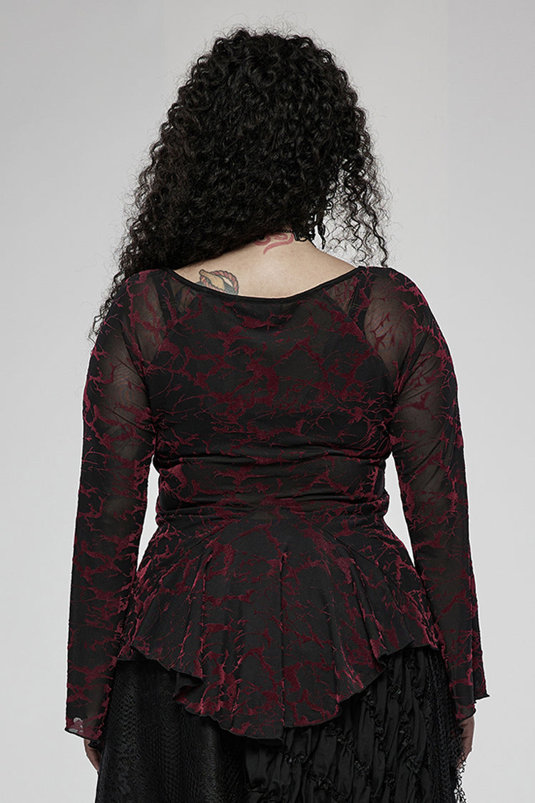 Red V Neck Stretch Mesh Fabric Abstract Pattern Design Flared Cuffs Women's Plus Size Gothic T-Shirt - Product - 3
