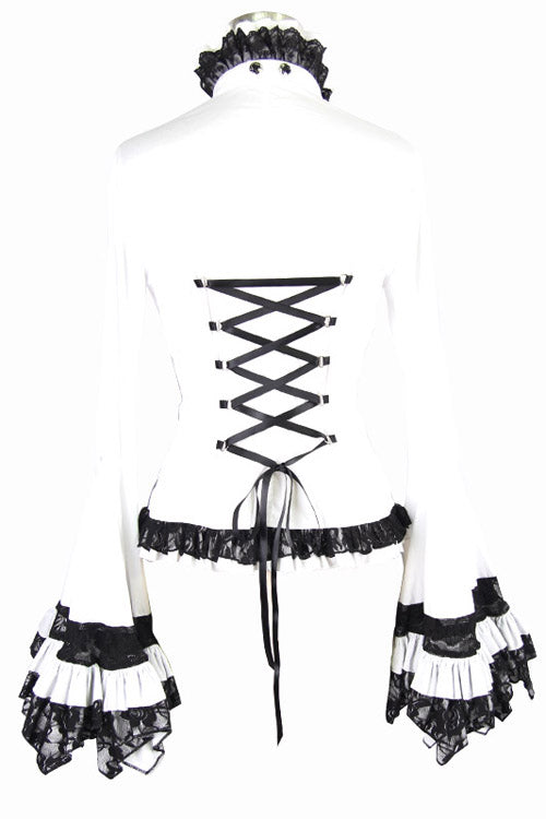 White VintageTrumpet Sleeves Back Bandage Womens Gothic Blouse - Product - 7