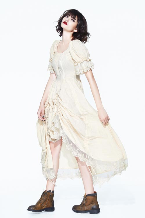 Creamy White Punk Victoria Vintage Drawstring Embroidered Lace Womens Dress - Product - 2