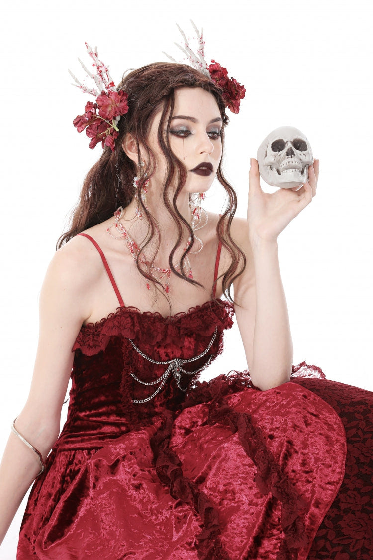 Red Sleeveless Spliced Lace Chain-Decorated Women's Gothic Velvet Slip Maxi Dress - Product - 9