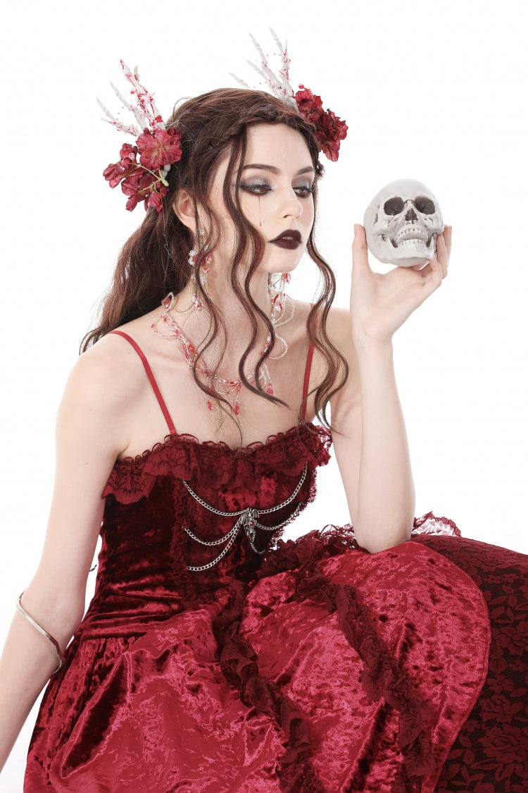 Red Sleeveless Spliced Lace Chain-Decorated Women's Gothic Velvet Slip Maxi Dress - Product - 9