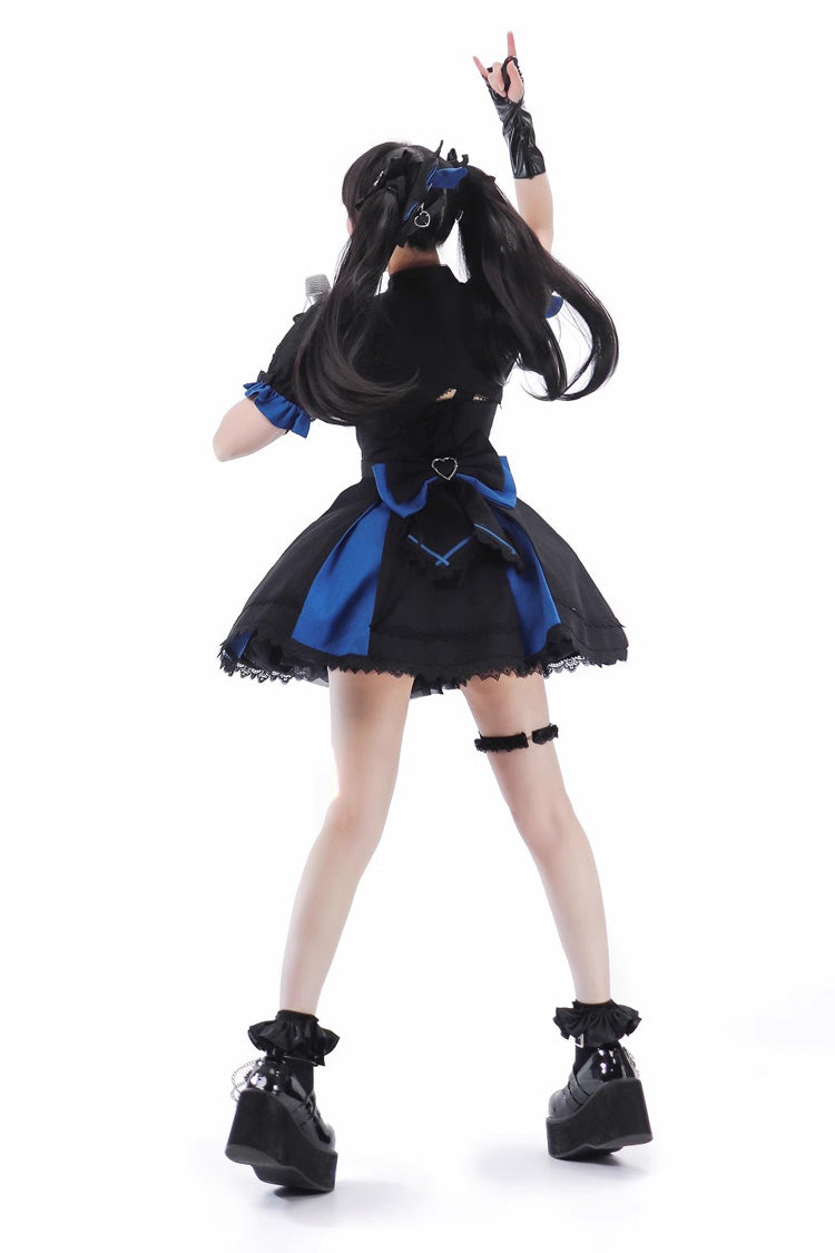 Black/Blue [Night Liana] Ruffle Bowknot Lace-Up Sweet Japanese Lolita Jumper Dress Set - Product - 14