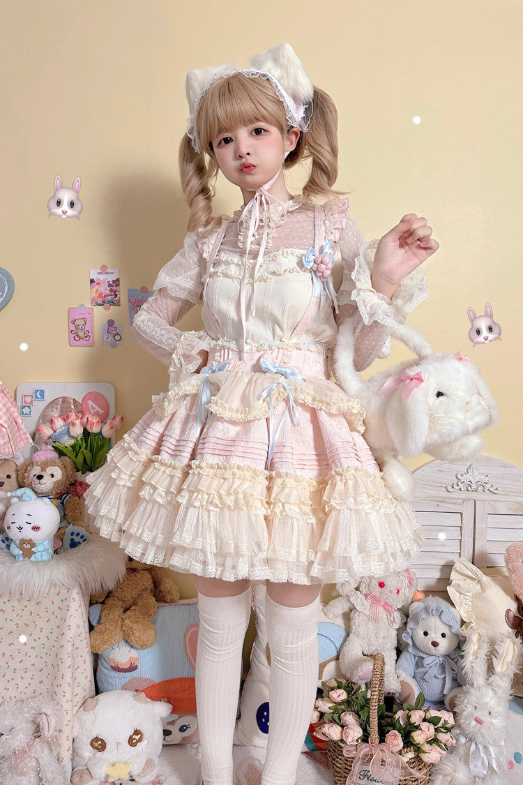 [Grape Crunchies] Sleeveless Multi-Layered Ruffled Bow Lace Sweet Lolita Strap Dress 2 Colors - Pink - 1