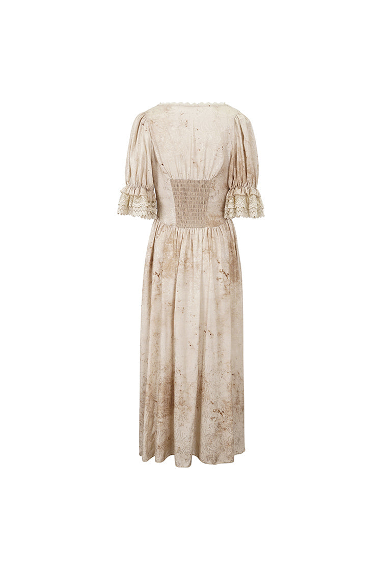 Apricot Plunging Puff Sleeved High Waisted Lace Hem Long Women's Punk Dress - Product - 9