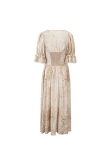 Apricot Plunging Puff Sleeved High Waisted Lace Hem Long Women's Punk Dress - Product - 9