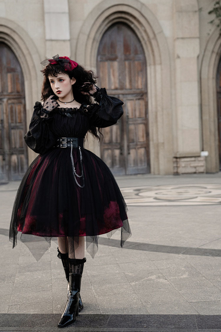 Black Boat Neck Metal Chain Organza Stitching Gothic Lolita OP Dress (Short Version) - Product - 6