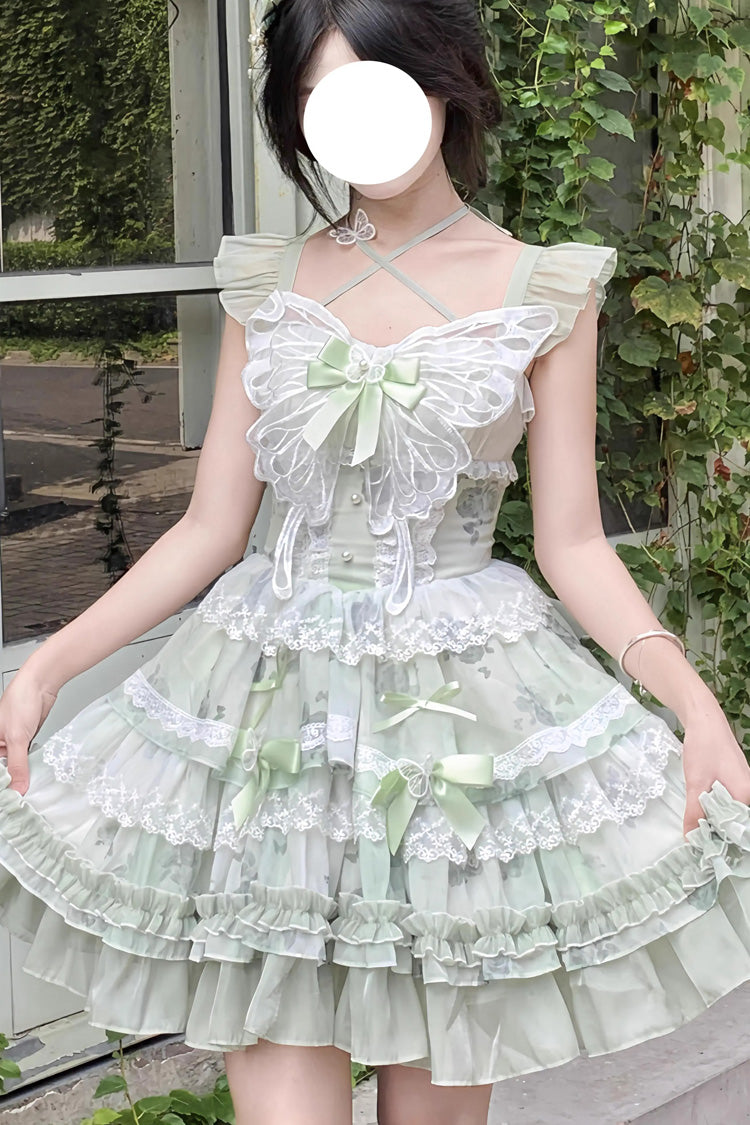 Green [Promise of the Blooming Season] Print Ruffle Bowknot Lace Sweet Princess Lolita Jsk Dress - Product - 5