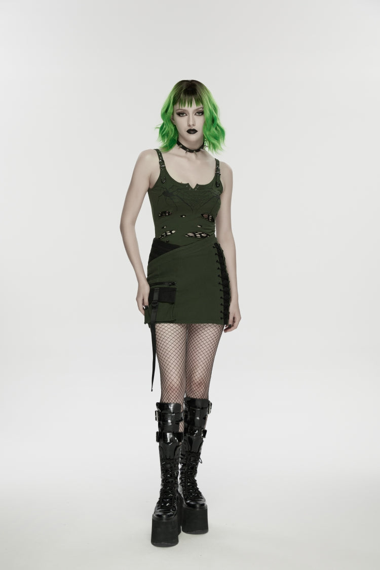 Black/Green Off Shoulder Slim Ripped Buckled Women's Punk Spiders&Web Printed  Vest - Product - 4