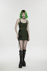 Black/Green Off Shoulder Slim Ripped Buckled Women's Punk Spiders&Web Printed  Vest - Product - 4