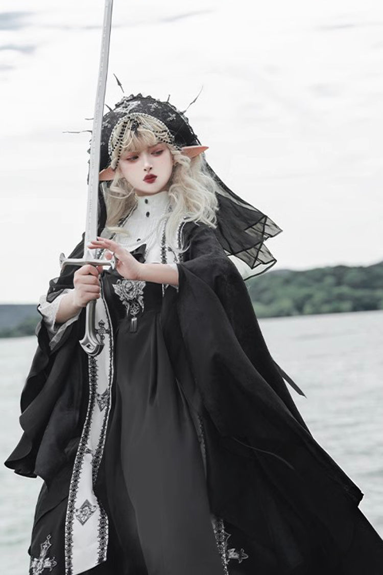 Black [Cross Nun] Stand Collar Off Shoulder Print Bowknot Gothic Elegant Lolita Dress - Product - 6