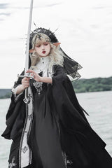 Black [Cross Nun] Stand Collar Off Shoulder Print Bowknot Gothic Elegant Lolita Dress - Product - 6
