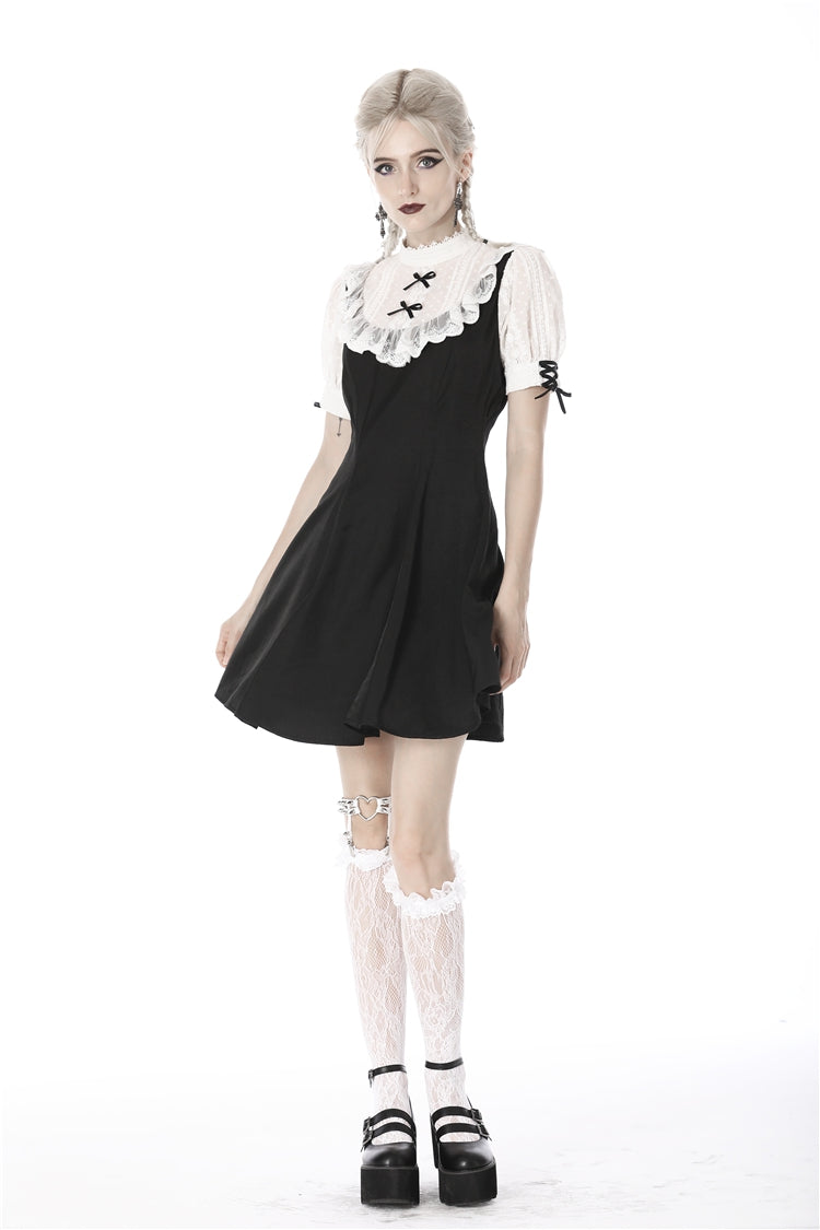 Black/White Stand Collar Short Sleeves Ruffled Women's Sweet Gothic Lolita Doll Midi Dress - Product - 7