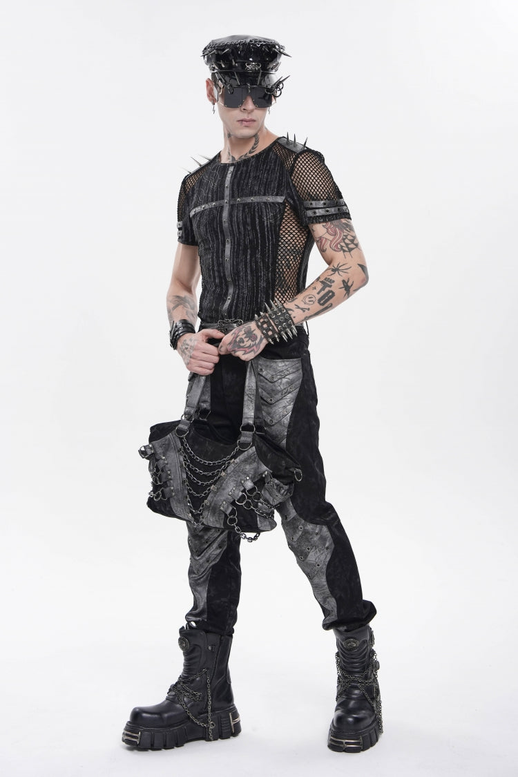 Black Round Collar Long Sleeves Spliced Slim Mesh Studded Eyelet Men's Punk T-Shirt - Product - 13